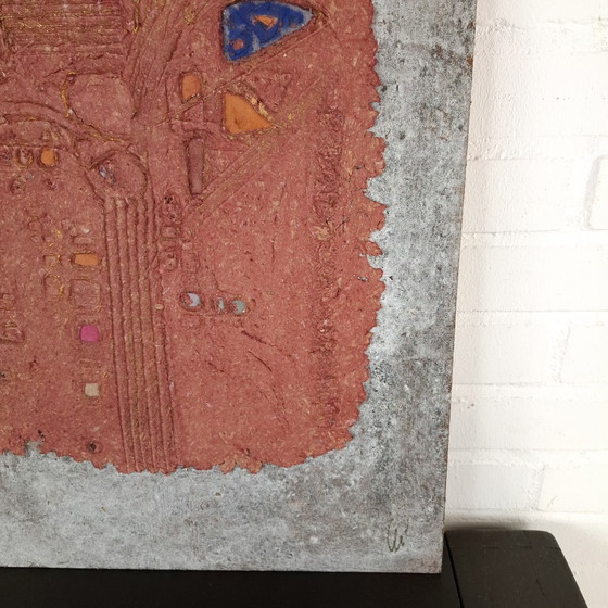 Image 1 of Tablette d'argile abstraite de Christophe Liron avec papier cuir, œuvre murale abstraite