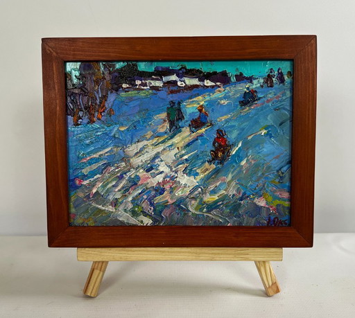 Original Oil Painting Frost Village Landscape Until the winter twilight
