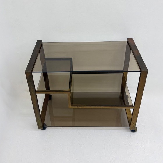 Image 1 of Barwagen aus Messing mit Rauchglas aus der Mitte des 20. Jahrhunderts, 1970er Jahre