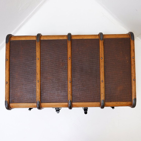 Image 1 of Valise-malle de voyage ancienne en toile et bois des années 1920, bagage vintage