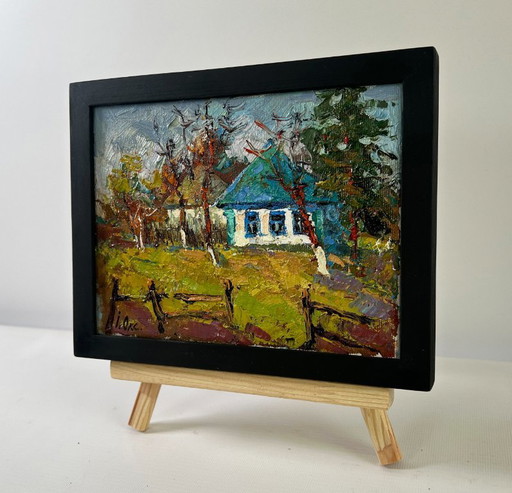 Original Oil Painting Spring Village Landscape Cold March days