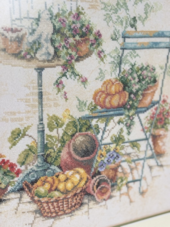 Image 1 of Charming Vintage-Style Garden Scene Cross-Stitch Framed Wall Art (51x57 cm)
