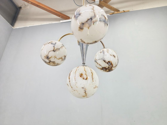 Image 1 of Art Deco Chandelier, Marble Glass, Brass & Chrome, 1930s