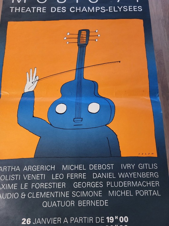 Affiche originale de Jean Michel Folon "Music 1974" France Champs Elysées – Jean-Michel Folon, Paper (photo 6 of 12)