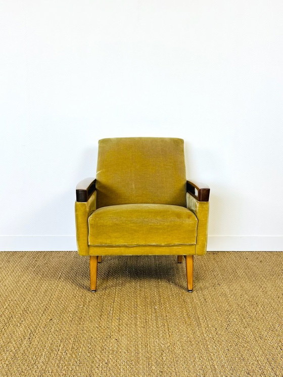 Image 1 of Canapé convertible et fauteuil vintage scandinave en teck et velours, 1960, Set de 2