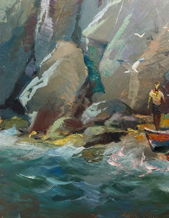 Image 1 of Pintura al óleo original Paisaje rocoso costero Susurro de las olas del mar