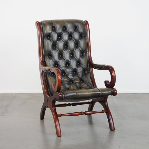 Grüner englischer Stil Rindsleder Chesterfield Sessel mit Holz