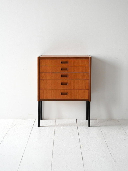 Vintage Scandinavian Bedside Cabinet with Five Drawers and Black Legs