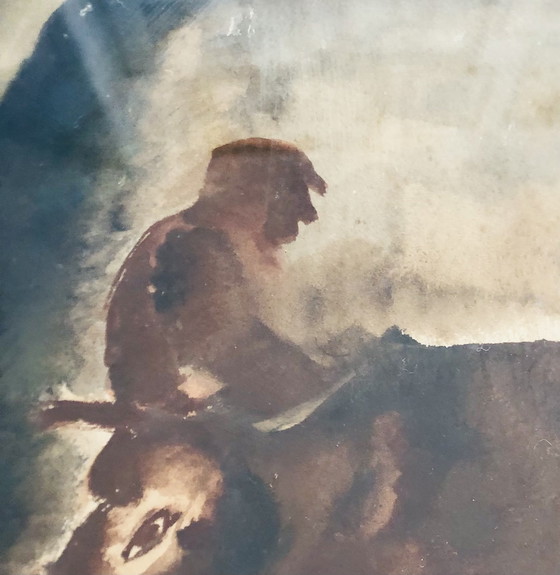 Image 1 of Jean Timmermans (1899-1986) - Mucche e contadino nella stalla Acquerello - Firmato a mano - 1930