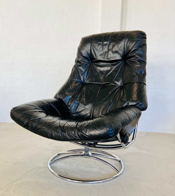 Image 1 of Vintage Deense Retro Mid Century Zwart Leren Stressless Bureaustoel 1970,S