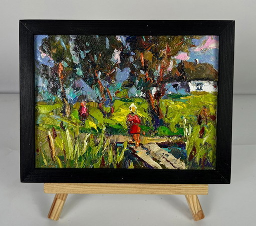 Dipinto ad olio originale: Paesaggio rurale, passeggiata lungo un sentiero di legno.
