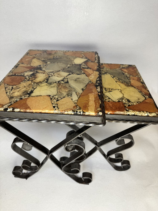 Set of 2 vintage mosaic tables + additional wrought iron base