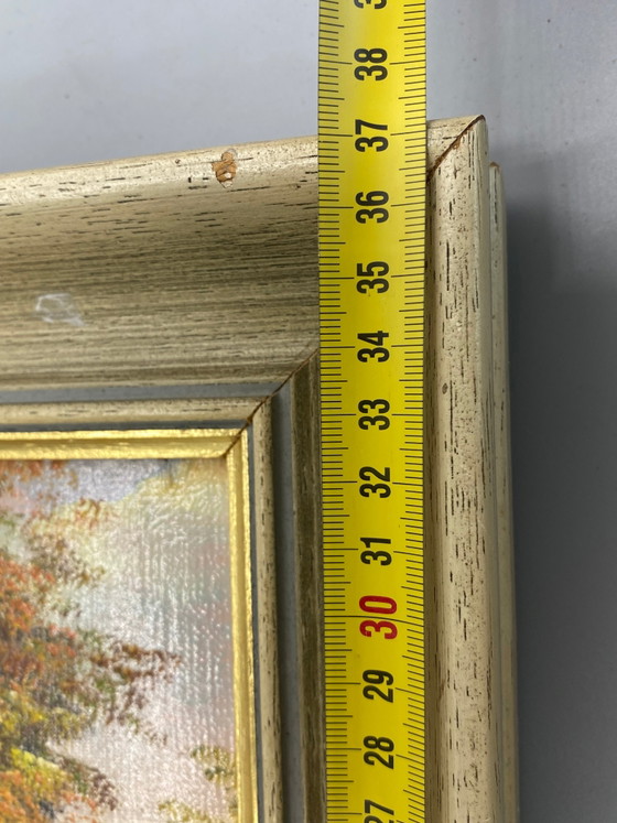 Oil on canvas signed J. André 1968, autumnal landscape with medieval tower – Decorative Objects, Wood, Gold (photo 8 of 8)