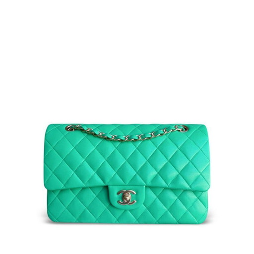Borsa Chanel Classic Flap Medium - 25 cm in pelle di agnello trapuntata verde con finiture dorate, serie 18