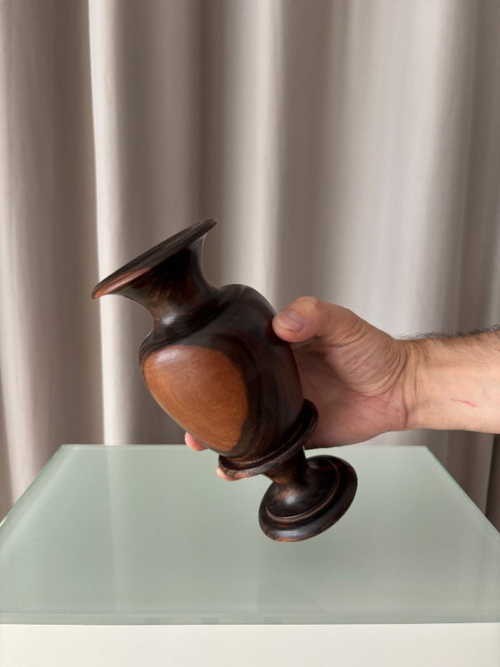 Vintage Sculptural Turned Wood Vase – Dark Hardwood – 20 cm – Artisan (photo 10 of 11)