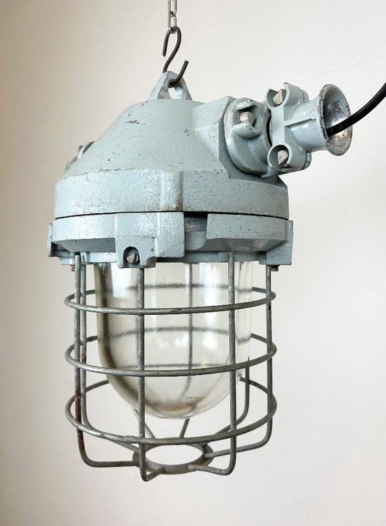 Image 1 of Grey Industrial Bunker Hanging Light with Iron Cage from Elektrosvit, 1970s