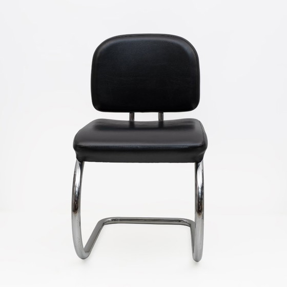 Image 1 of Sei sedie da pranzo a sbalzo in similpelle e metallo cromato in stile Bauhaus, anni '70