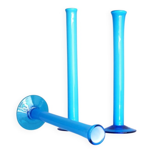 Vintage tall handblown orchid vases in azure blue by Artur Percy for Gullaskruf, 1970s, set of 3
