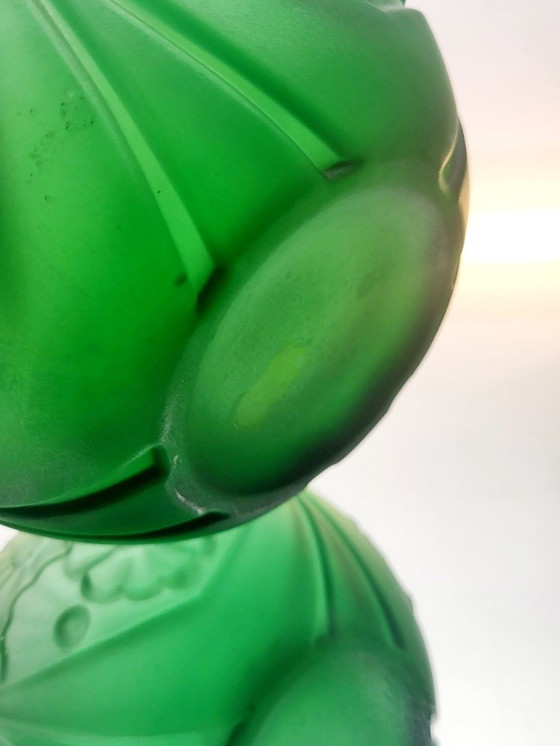 Image 1 of Art-Deco-Vase aus mattiertem, grünem Pressglas mit floralem Dekor