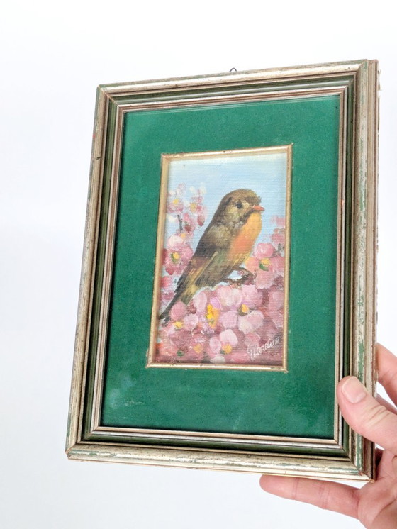 Image 1 of Vintage Robin Oil Painting, Blossoms, Green Velvet Mat, Signed