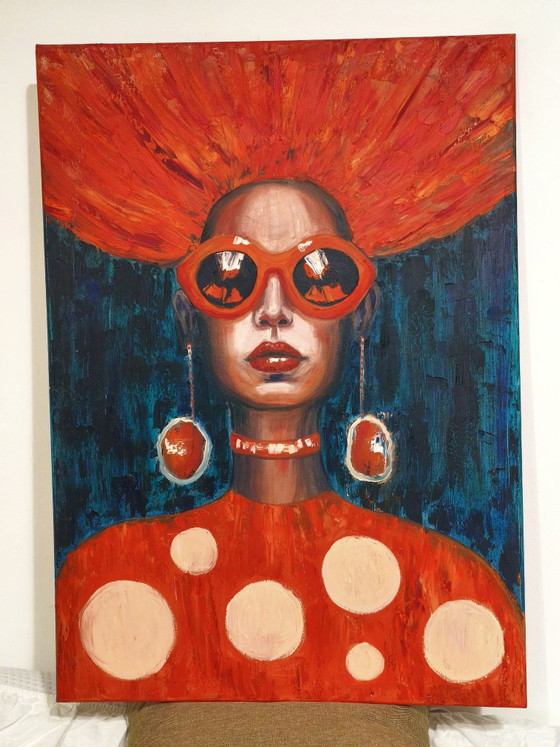 Pop Art Painting "Amanita Mushroom Girl" (50x70 cm), Canvas, Blue (photo 8 of 12)