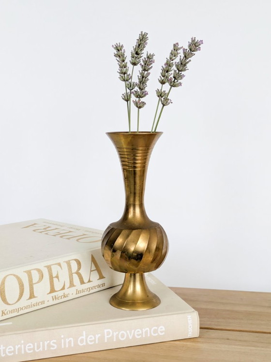 Vintage Solid Brass Trumpet-Shaped Pedestal Vase With Ribbed And Swirl Details (photo 9 of 15)