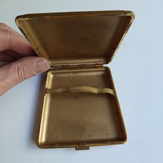Image 1 of Vintage sigarettendoosje van echt leer – Messing doos uit het midden van de 20e eeuw