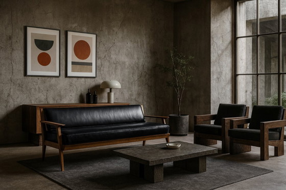 Image 1 of Divano vintage in rovere e pelle nera, stile tedesco moderno di metà secolo, anni '60