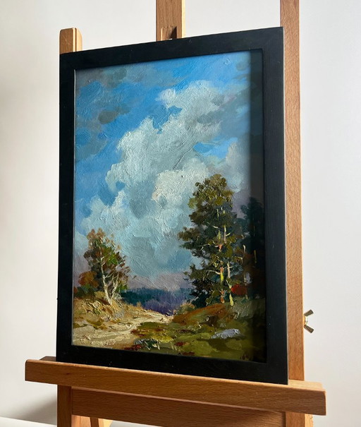 Dipinto ad olio originale, Paesaggio in giornata di campo, Nel cuore della foresta