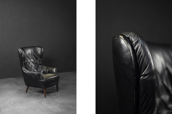 Image 1 of Vintage Mid Century Deense Moderne Gequilte Zwart Leren Wing Stoel, 1960