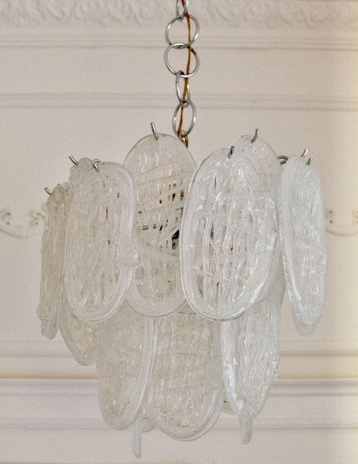 Lustre vintage en verre de Murano, suspension Mazzega Leaf, luminaire chromé style années 50