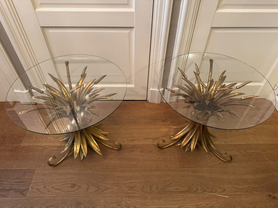 Hollywood Regency Side tables with golden grain motif, Metal, Glass (photo 2 of 10)