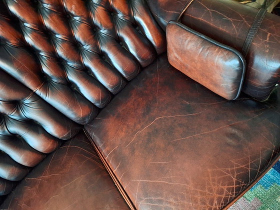 Image 1 of Divano Chesterfield a 3 posti in pelle color castagna