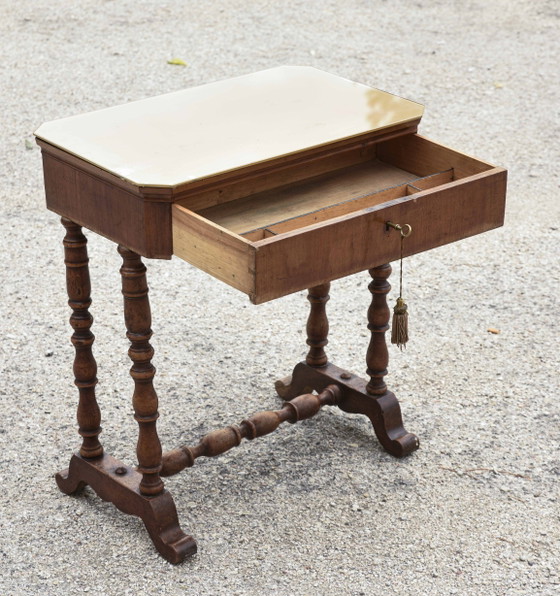 Late 19th Century Italian Occasional Table with Turned Base, Drawer, and Glass Top, Coffee tables, Wood, Brown (photo 7 of 8)