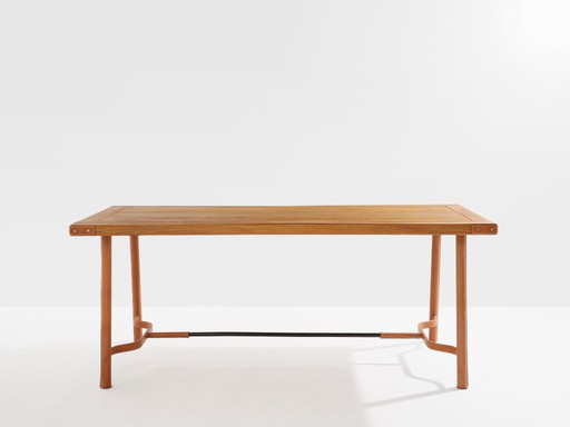 Jacques Adnet oakwood and red leather dining table 1950