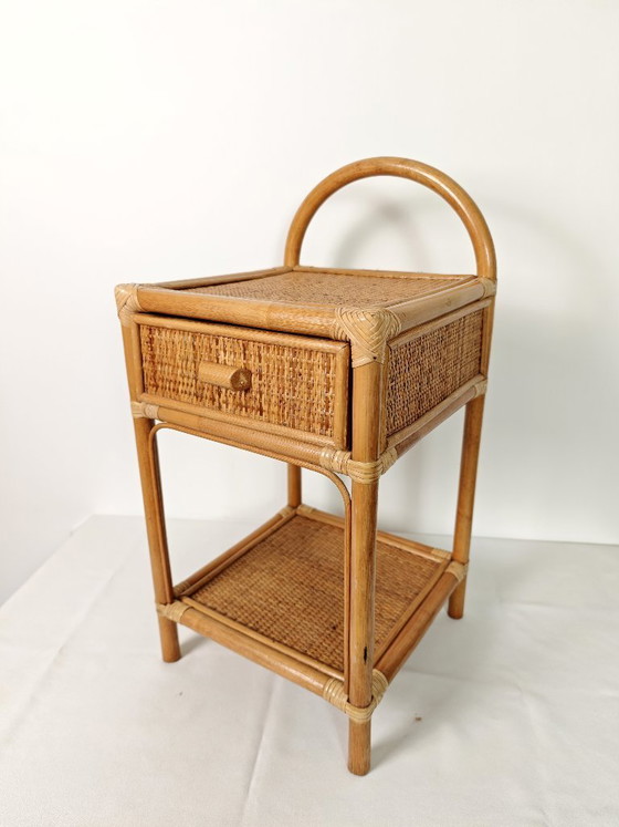 Image 1 of Vintage Rattan Bedside Table / 1970s Bamboo Nightstand / Boho Side Table with Drawer / Wicker Furniture / Coastal Bohemian Decor