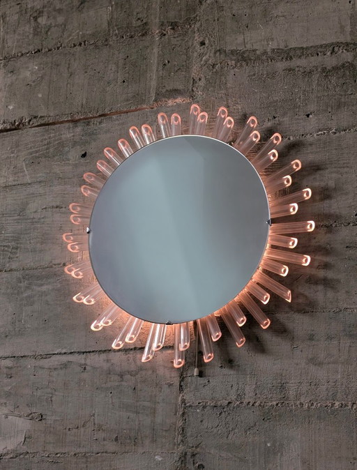 Mid-Century Modern Sunburst Mirror Wall Lamp in Lucite with Pink Glow, 1970s