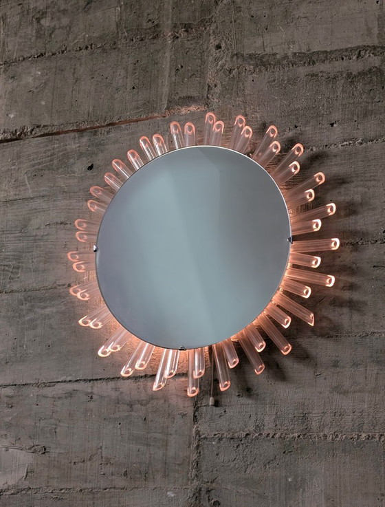 Image 1 of Mid-Century Modern Sunburst Mirror Wall Lamp in Lucite with Pink Glow, 1970s