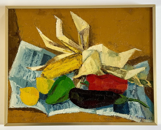 Image 1 of Pol Magis ( 1931 ) Magnifique Peinture Impressionniste «  Nature Morte Au Maïs «  De 1965