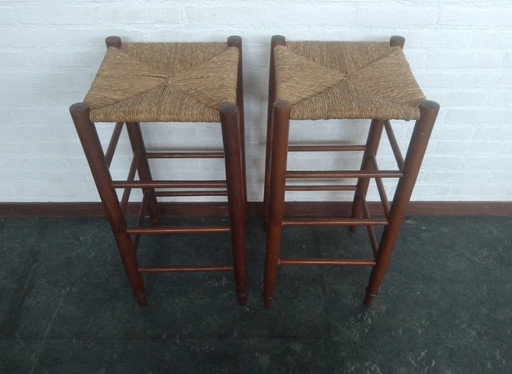 2x wooden bar stools with rush seat