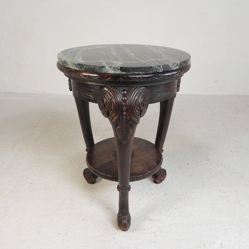 Tavolino rotondo antico in mogano con piano in marmo venato di verde, inizio XX secolo. – bijzettafels, Marble, Wood