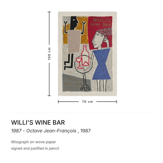 Willi's Wine Bar Gesigneerde lithografie 1987 - Octave Jean-François – Litho's & Zeefdrukken, Paper (photo 3 of 5)