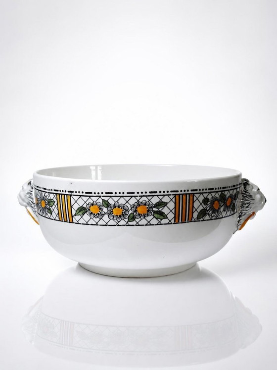 Image 1 of Large HB Choisy-le-Roi polychrome ironstone salad bowl "Elisabeth" early 20th century