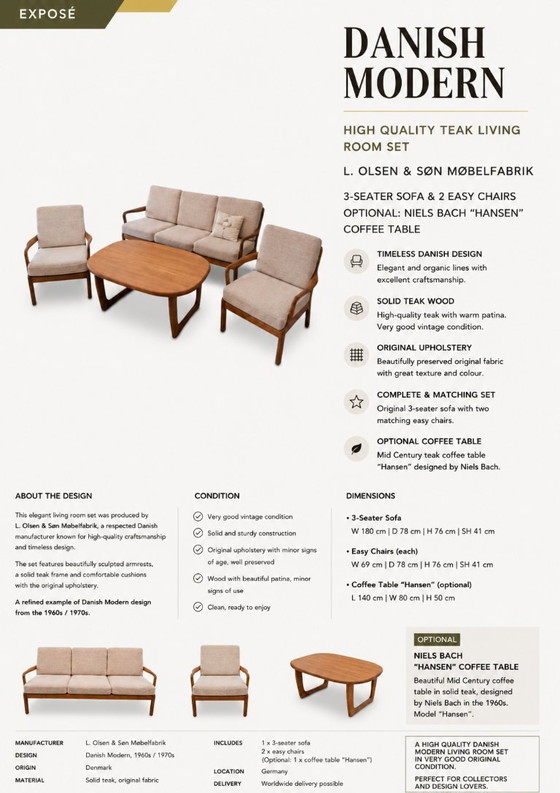 Image 1 of Sofá 3 + 2x sillón de L. Olsen & Søn Møbelfabrik MCM Mid Century Modern Teak