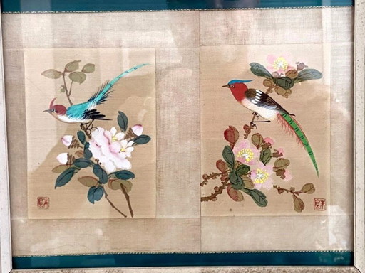 Chinesische Seidenmalerei, 1930, Volkskunst, Orientalische Bienenfresser, Signiert