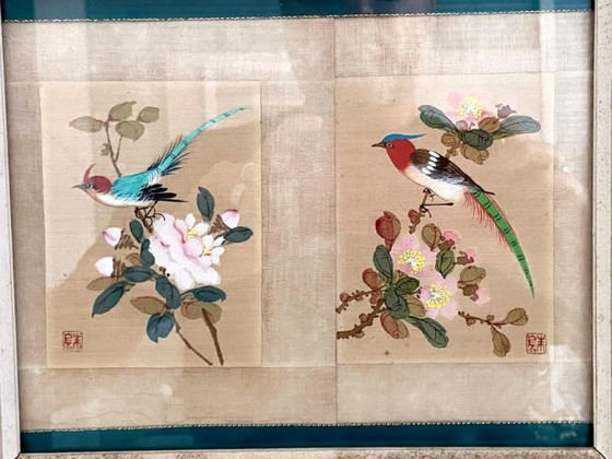 Image 1 of Chinesische Seidenmalerei, 1930, Volkskunst, Orientalische Bienenfresser, Signiert
