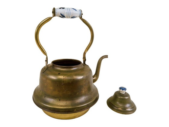 Image 1 of Vintage brass tea kettle with porcelain handle – country style