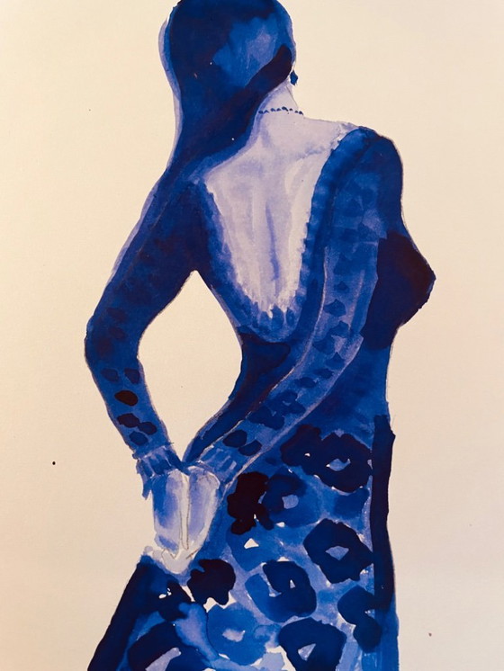 Image 1 of Monochrome indigo blue watercolor portrait of a woman "in a dress"