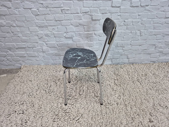Lot de 4 Chaises de Cuisine Vintage Brabantia, Formica Effet Marbre Noir avec Accent Doré, Pays-Bas, Années (photo 6 of 8)