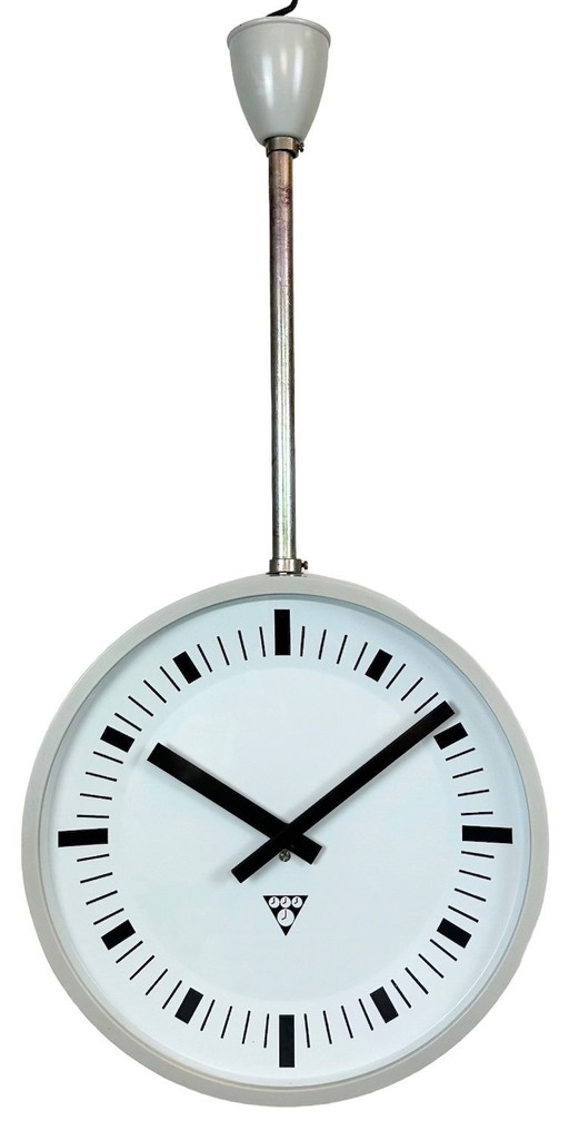 Grey Industrial Bakelite Double Sided Factory Clock from Pragotron, 1980s
